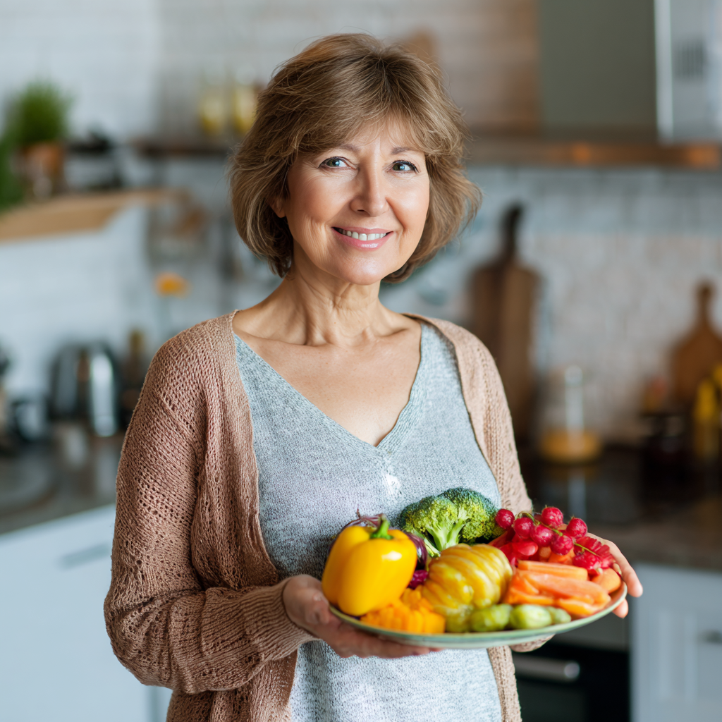 Happy middle-aged Ukrainian woman enjoying a colorful healthy meal at a bright modern kitchen table, smiling while holding a fork with fresh vegetables, representing balanced nutrition and wellness