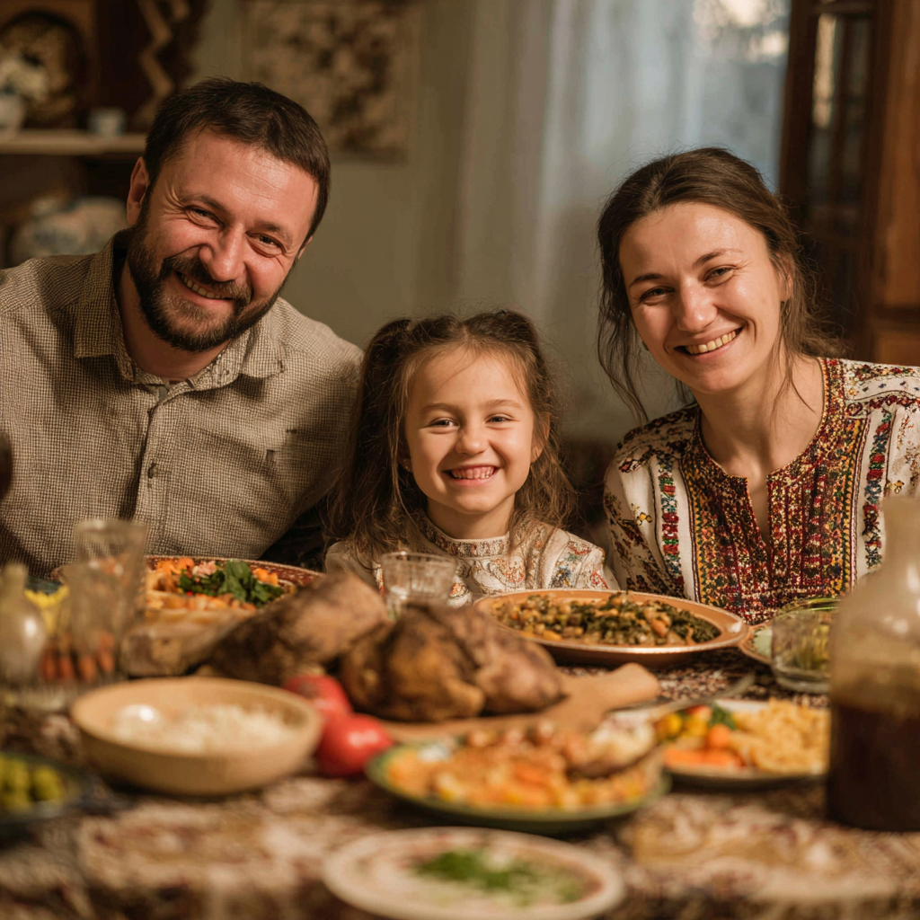 Elderly Ukrainian couple in their kitchen preparing a nutritious meal together, smiling while chopping colorful vegetables on a wooden cutting board, representing healthy aging and nutrition