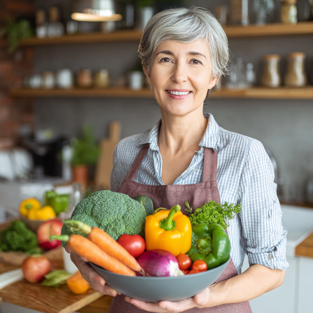Senior Ukrainian man in a bright modern clinic consulting with a nutritionist, both smiling while reviewing healthy meal plans and charts, representing professional nutrition counseling and health improvement
